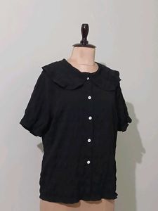 Black Textured Peter Pan Collar Blouse