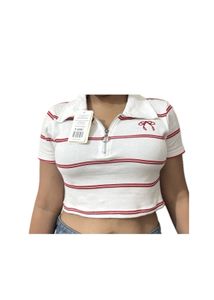White Striped Zip Polo Crop Top (S)