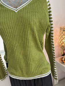 Green Ribbed V-Neck Sweater