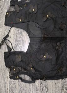 Elegant Black Blouse with Floral Appliques