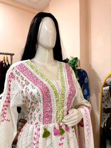 White Kurta Set with Pink &amp; Green Print