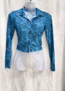 22279. Blue Paisley Print Button-Up Top