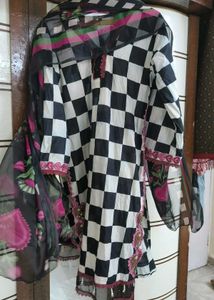 Stylish Black & White Checkered Kurta Set