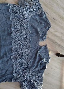 Blue Lace Trim Short Sleeve Top