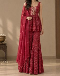 Designer Red Sharara Set with Dupatta. Perfect for