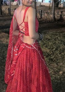 Women's Red Bandhani Printed Lehenga Choli Set wit