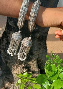 Elegant Silver Jhumki Latkan Kada Pair