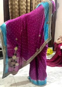 Elegant Pink &amp; Blue Embellished y2k Saree