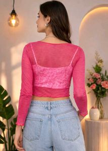 Vibrant Pink Mesh Crop Top with Lettuce Hem