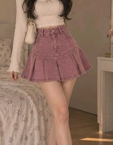 Cute Pink Pleated Denim Skirt