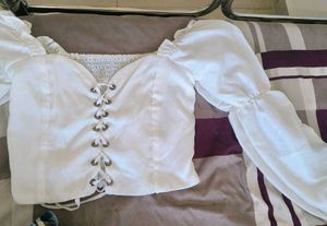 White Puff Sleeve Lace-Up Top