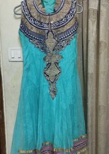 Embroidered Turquoise Dress With Dupatta, Trouser