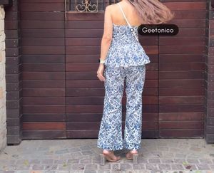 Chic Blue Floral Peplum Top &amp; Palazzo Set