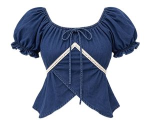 Denim Peplum Top with Lace Trim