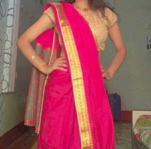 Vibrant Pink Saree with Gold Border