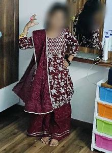 Red Floral Print Kurta with Embellished Neckline