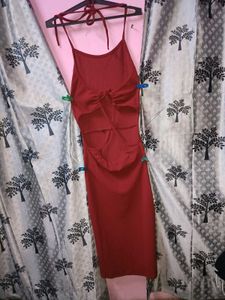 Backless Maroon Halter Neck Midi Dress
