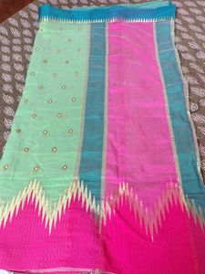 Light Green Saree with Pink &amp; Blue Blouse