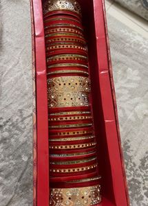 (Punjabi chura)Elegant Red & Gold Bangles Set