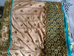 Teal Saree with Gold Border,bridal heavy sare