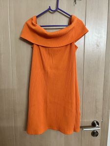 Orange Off-Shoulder Ribbed Mini Dress