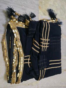 Blue Dupatta with Gold Sequins &amp; Tassels