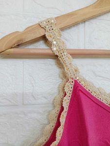 Chic Pink Camisole with Lace Trim