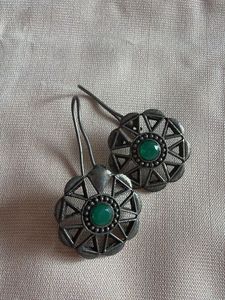 oxidized ethnic Dangle Earrings with Green Stone