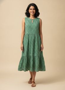 Green Polka Dot Tiered Midi Dress