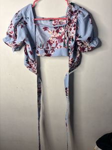Blue Floral Square Neck Crop Top