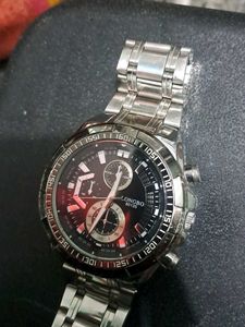 Heavy Silver Chain Watch With Black Dial.