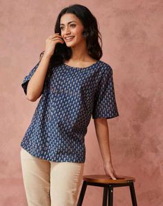 Fabindia Blue Cotton Dabu Printed Arcadian Top
