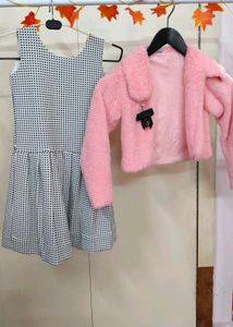 Girls Dress &amp; Pink Fur Jacket Set