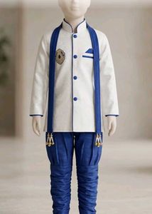 Boys White Kurta with Blue Pyjama Set