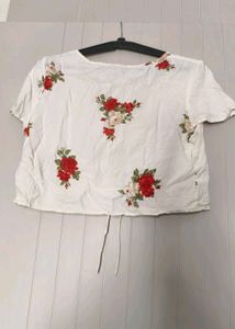 White Floral Tie-Front Cropped Top