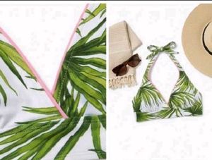 Tropical Leaf Print Halter Bikini Top