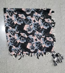 Black Printed Square Scarf With Pompoms