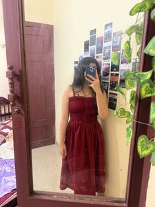 Maroon Smocked Button-Up Midi Dress