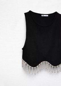 Black Crop Top with Rhinestone Fringe