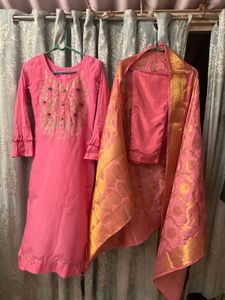 Pink Embroidered Kurta with Dupatta Set