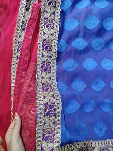 Blue Saree with Red Border double colour