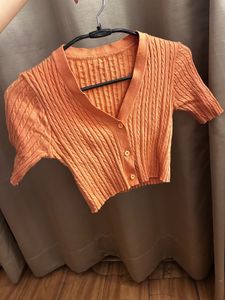 Orange Cropped Knit Cardigan