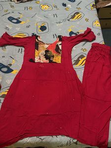 Red Kurta Set with Embellished Neckline