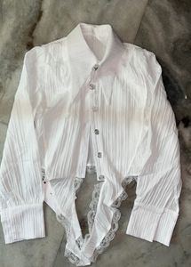 White Sheer Lace Trim Cropped Blouse