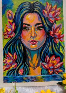 Vibrant Portrait Painting with Lotus Flowers