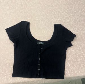 Bershka Ribbed Cropped Button-Up Top