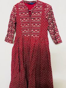 Red Printed Flared Kurta
