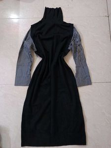 Black Turtleneck Dress with Striped Sleeves