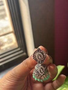 Oxidised green pearl Jhumkas