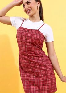 Red Plaid Button Front Mini Dress